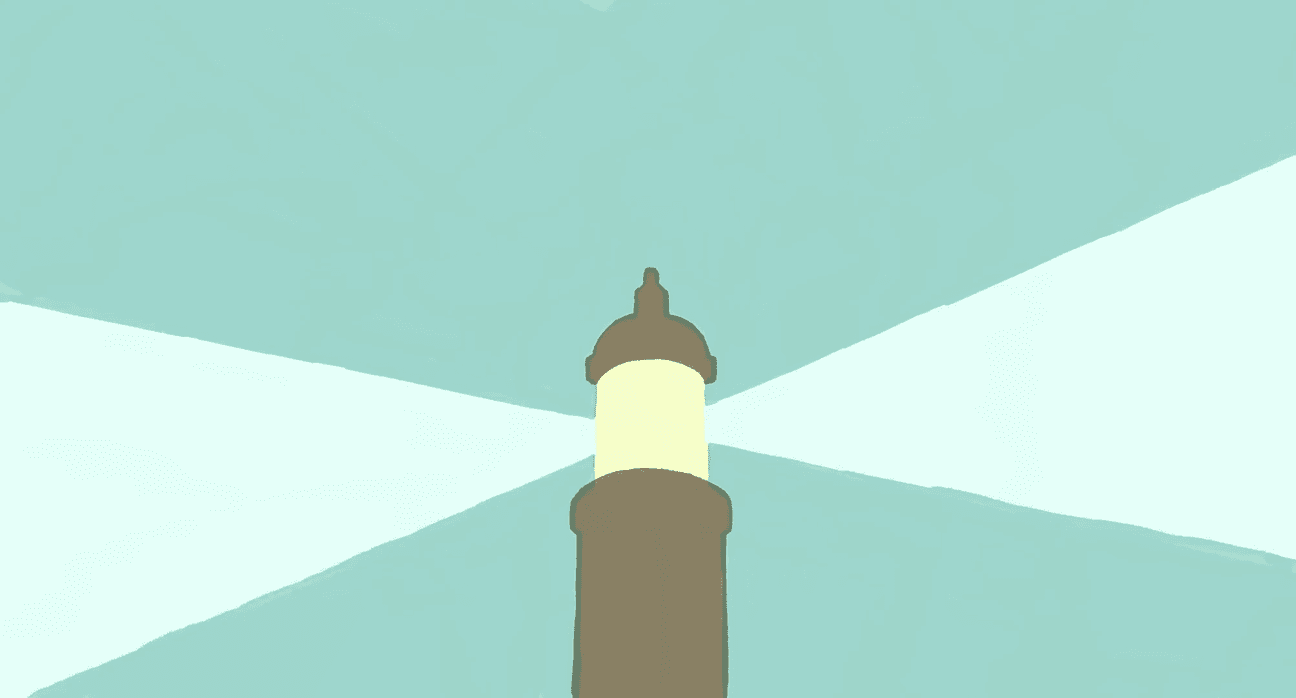 Painting of a lighthouse beaming across a teal field