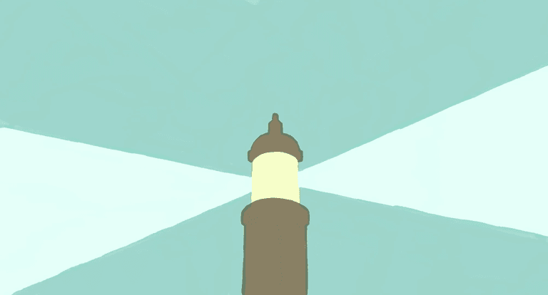 Painted lighthouse sending beams across a teal sky