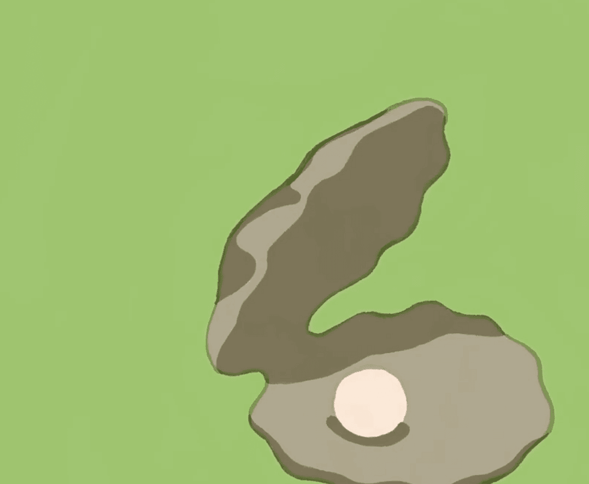 Painted open oyster with a pearl on a green field