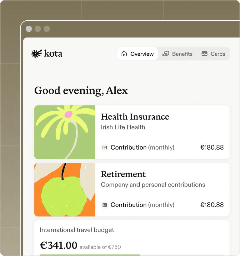The Kota employee web app: a personalised overview listing health insurance with Irish Life Health, retirement contributions and an international travel budget.