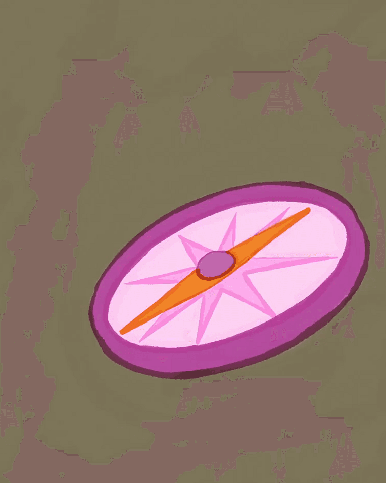 Painted pink compass on a brown field