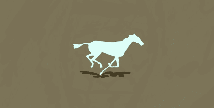 Painting of a pale horse galloping across a brown field