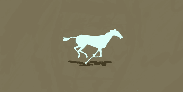 Painted horse galloping across an olive field