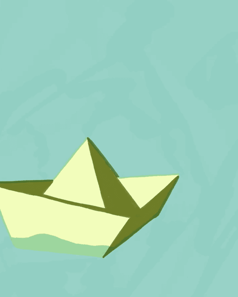 Painted paper boat on a pale teal field
